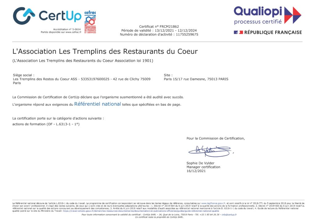Certificat Qualiopi Les Tremplins du Coeur